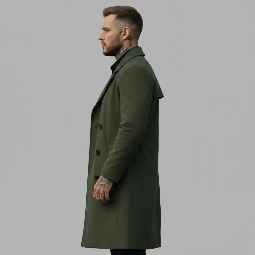  Profil boczny przedstawiający dopasowany płaszcz w kolorze oliwkowej zieleni w połączeniu z obcisłymi dżinsami i czarnymi butami.