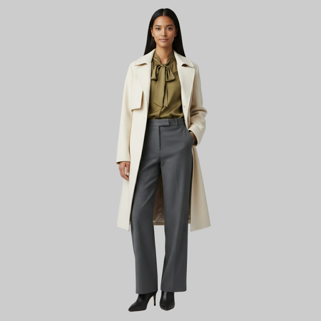 kremowy długi płaszcz noszony na oliwkowej bluzce i szarych spodniach, pewna siebie postawa.
