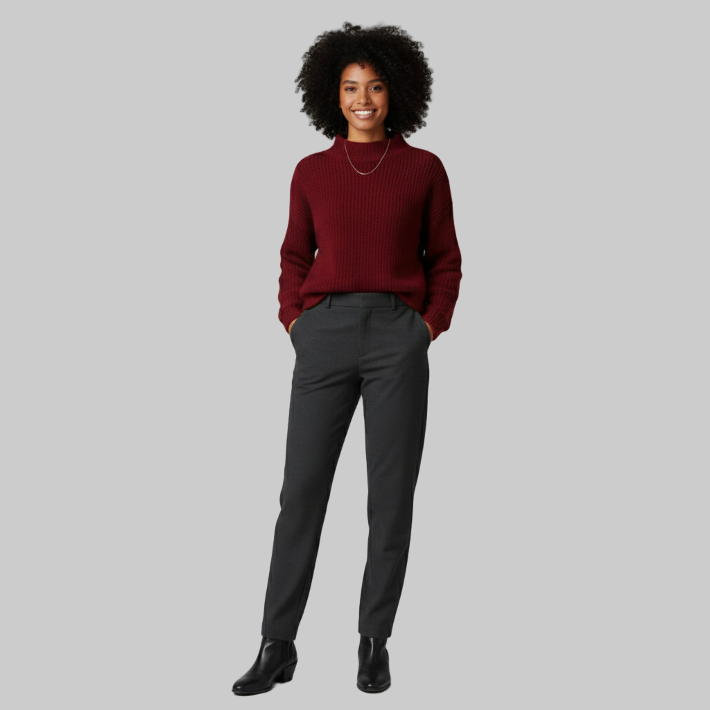 kobieta ubrana w bordowy sweter i spodnie w kolorze grafitowym, stojąca pewnie.

