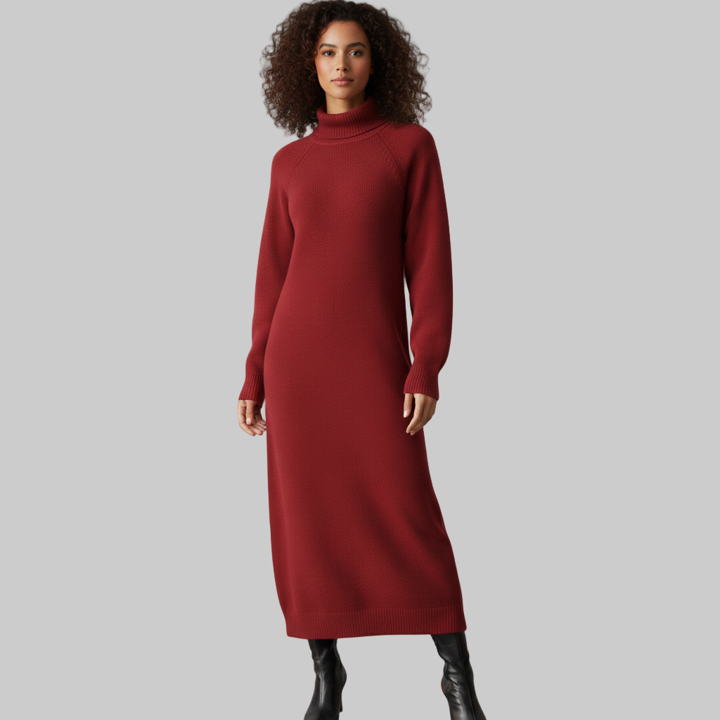 Kobieta ubrana w długą czerwoną sukienkę z dzianiny z golfem i długimi rękawami, w połączeniu z czarnymi kozakami do kolan, pokazana od przodu na szarym tle.