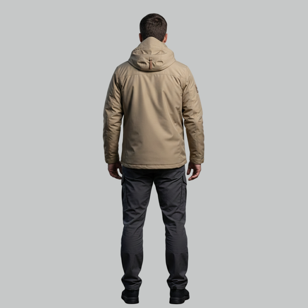 Wyobrażony widok z tyłu męskiej beżowej kurtki i spodni cargo, pokazujący czysty tylny panel kurtki, ergonomiczne szwy spodni i wytrzymałe obuwie outdoorowe.