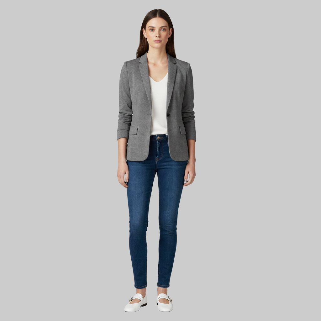 Białe skórzane baleriny damskie typu Mary Jane z zaokrąglonym czubkiem i paskiem, pokazane od przodu podczas noszenia.