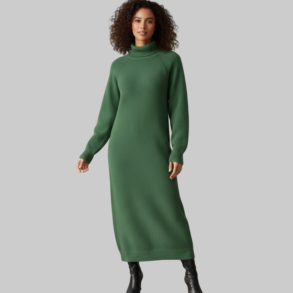 Kobieta ubrana w długą zieloną sukienkę z golfem z dzianiny z długimi rękawami, w połączeniu z czarnymi kozakami do kolan, pokazana od przodu na szarym tle.