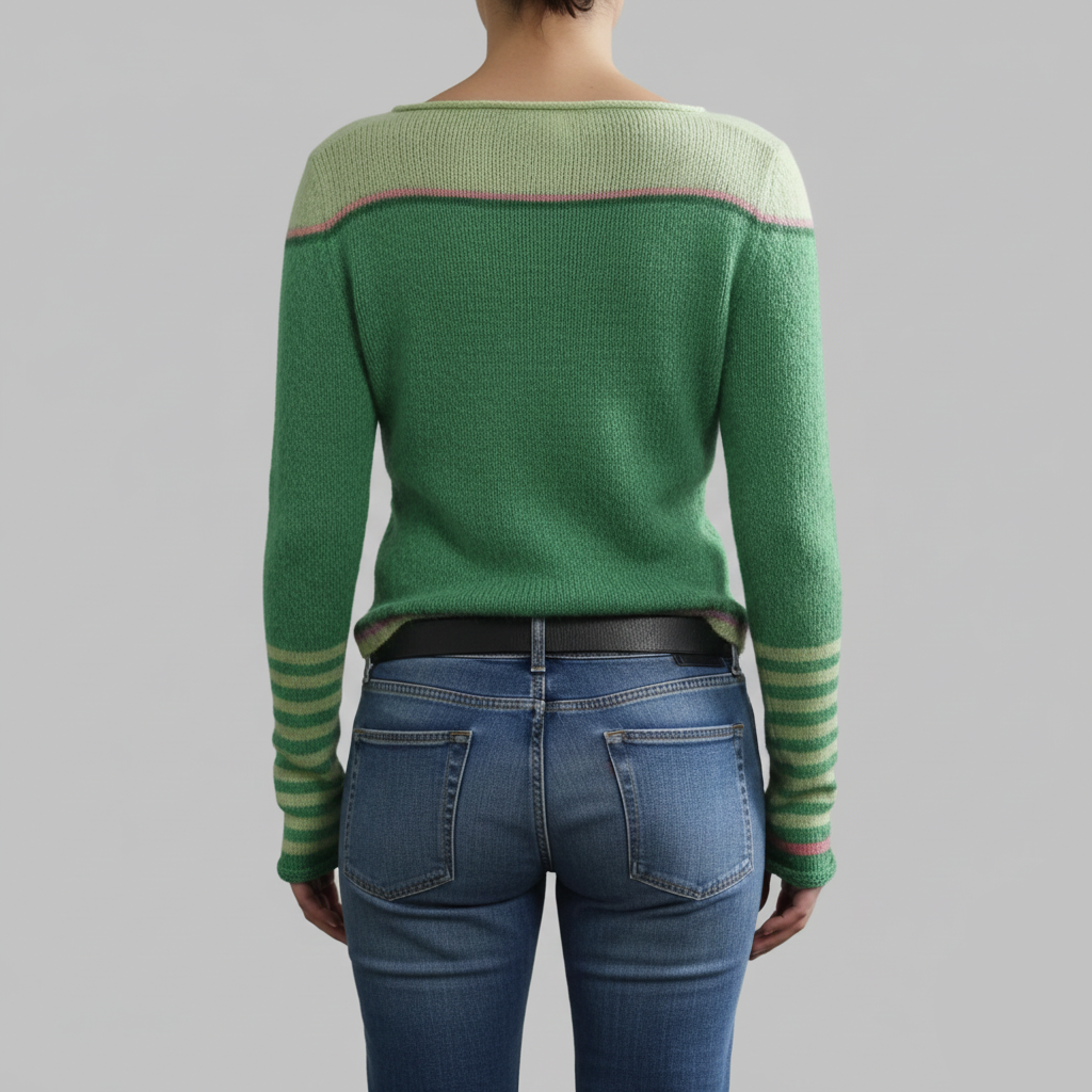 Widok z tyłu zielonego swetra damskiego, podkreślający delikatny wzór z kolorowymi wstawkami.