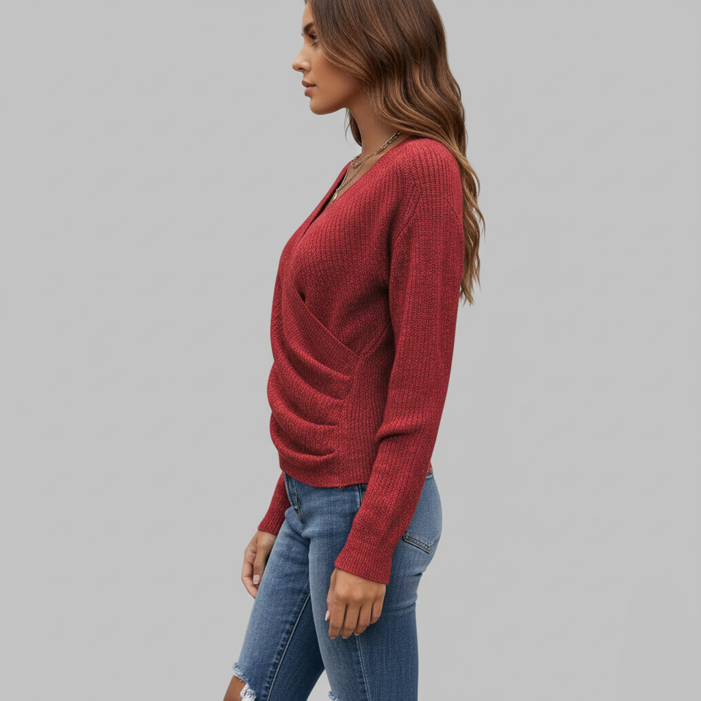 czerwony sweter z dekoltem w serek w stylu kopertowym i podarte dżinsy, ujęcie z boku.
