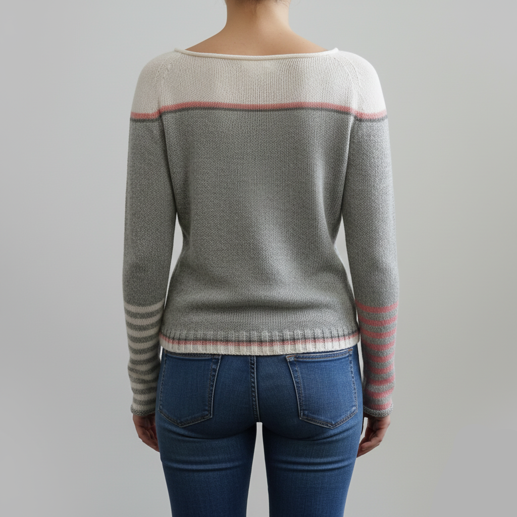 Widok z tyłu szarego swetra, podkreślający prosty design z kolorowymi wstawkami.
