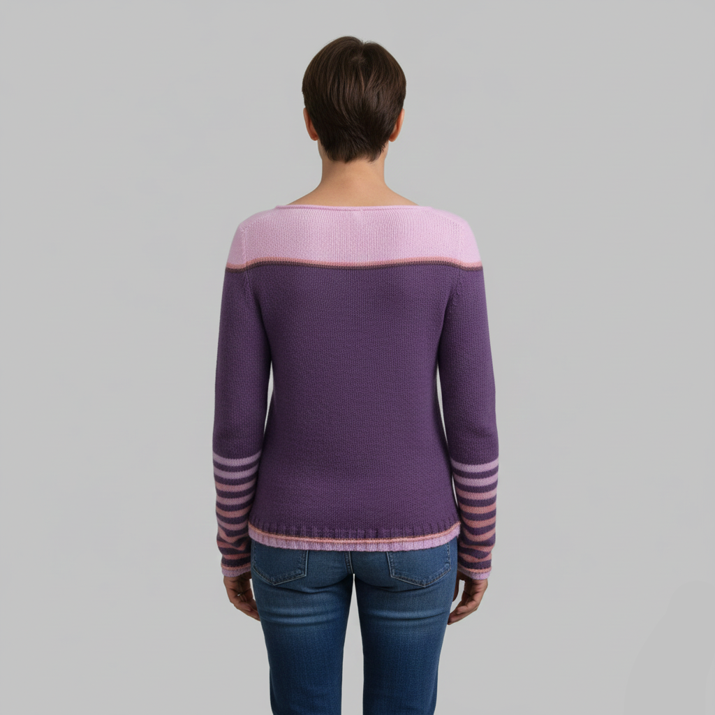 Widok z tyłu fioletowego swetra dla kobiet, podkreślający jego kolorowy wzór z dzianiny.