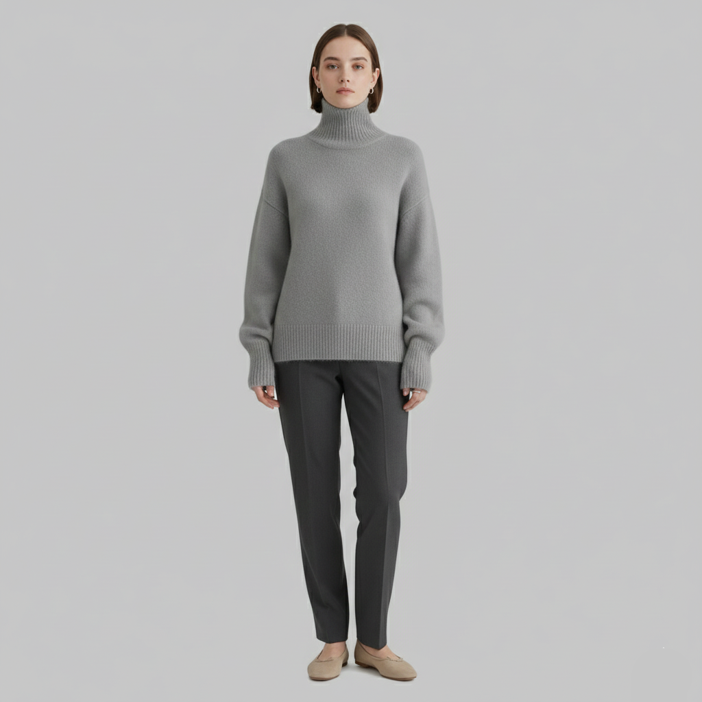 Kobiety w kremowym swetrze z golfem w połączeniu z ciemnymi dżinsami i białymi trampkami.
