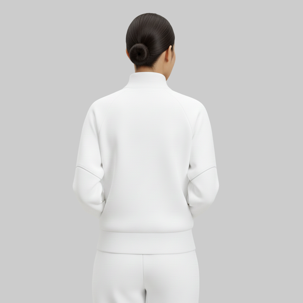 Wyobrażony tył białej kurtki zapinanej na zamek błyskawiczny, pokazujący gładkie panele i prążkowany dół.