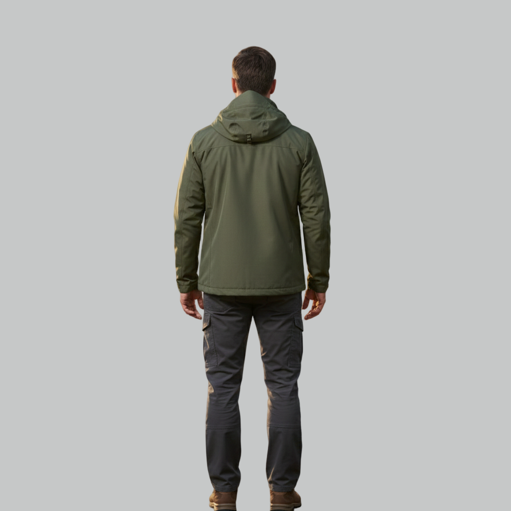 Wyobrażony widok z tyłu męskiego zestawu oliwkowej kurtki outdoorowej, pokazujący czysty tył kurtki, zwężane spodnie cargo i solidne obuwie outdoorowe.
