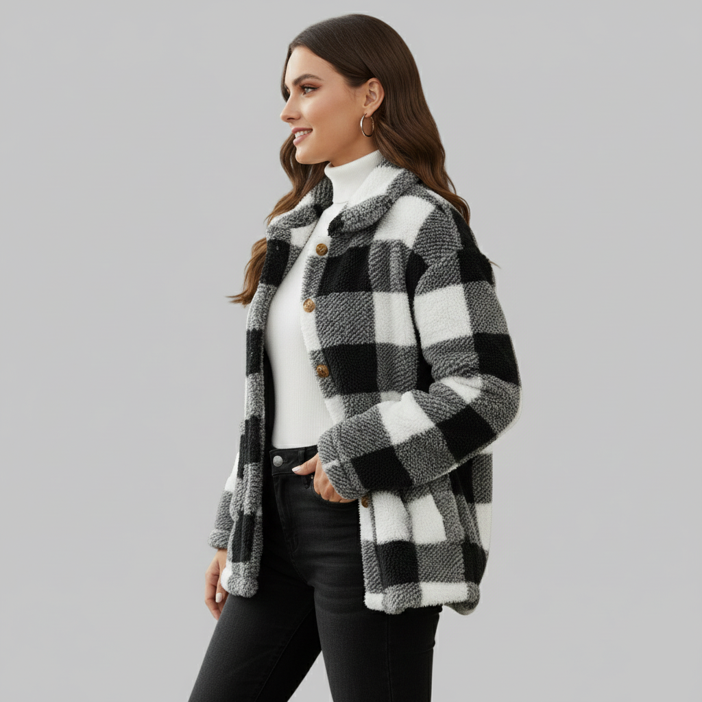 Widok z boku czarno-białej kurtki z polaru w kratę.

