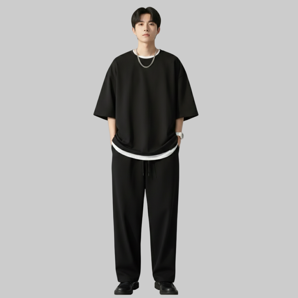 Mężczyzna ubrany w oversize'ową czarną koszulkę z białym obszyciem, czarne luźne spodnie i czarne buty, stojący z rękami w kieszeniach na szarym tle.