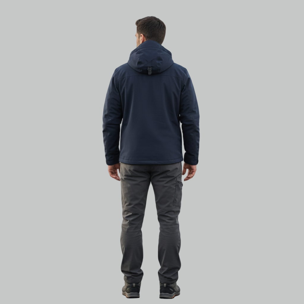 Wyobrażony widok z tyłu męskiej granatowej kurtki outdoorowej, podkreślający gładki tył kurtki, ergonomiczne panele spodni cargo i buty turystyczne gotowe do wędrówek.