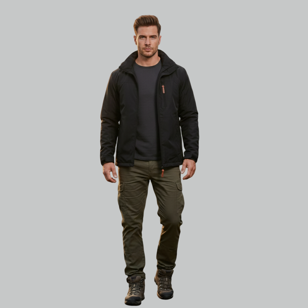 Czarna męska kurtka outdoorowa w połączeniu z grafitową koszulką z okrągłym dekoltem, oliwkowymi spodniami cargo i solidnymi brązowymi butami turystycznymi, pokazana w pełnej pozie z przodu.