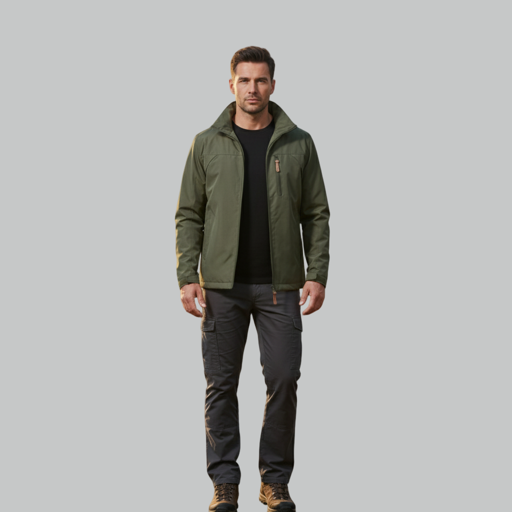 Męska kurtka outdoorowa w kolorze oliwkowej zieleni w połączeniu z czarną bluzą z okrągłym dekoltem, spodniami cargo w kolorze grafitowym i solidnymi brązowymi butami turystycznymi, pokazana w pełnej pozie z przodu.