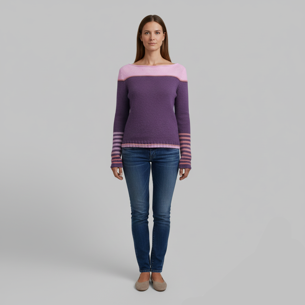 Fioletowo-różowy sweter w paski dla kobiet w połączeniu z niebieskimi dżinsami i płaskimi butami.
