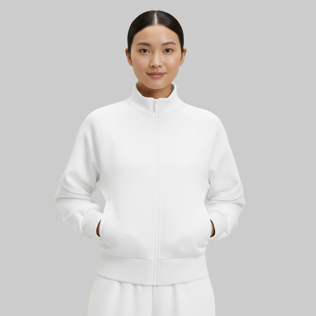 Kobieta ubrana w białą kurtkę z zamkiem błyskawicznym i wysokim kołnierzem o gładkim, dopasowanym kroju, z rękami w kieszeniach, pokazana od przodu na szarym tle.