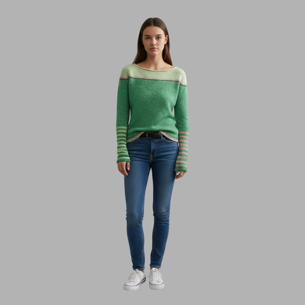 Zielony sweter damski z kolorowymi wstawkami i paskami na rękawach, w połączeniu z niebieskimi obcisłymi dżinsami.
