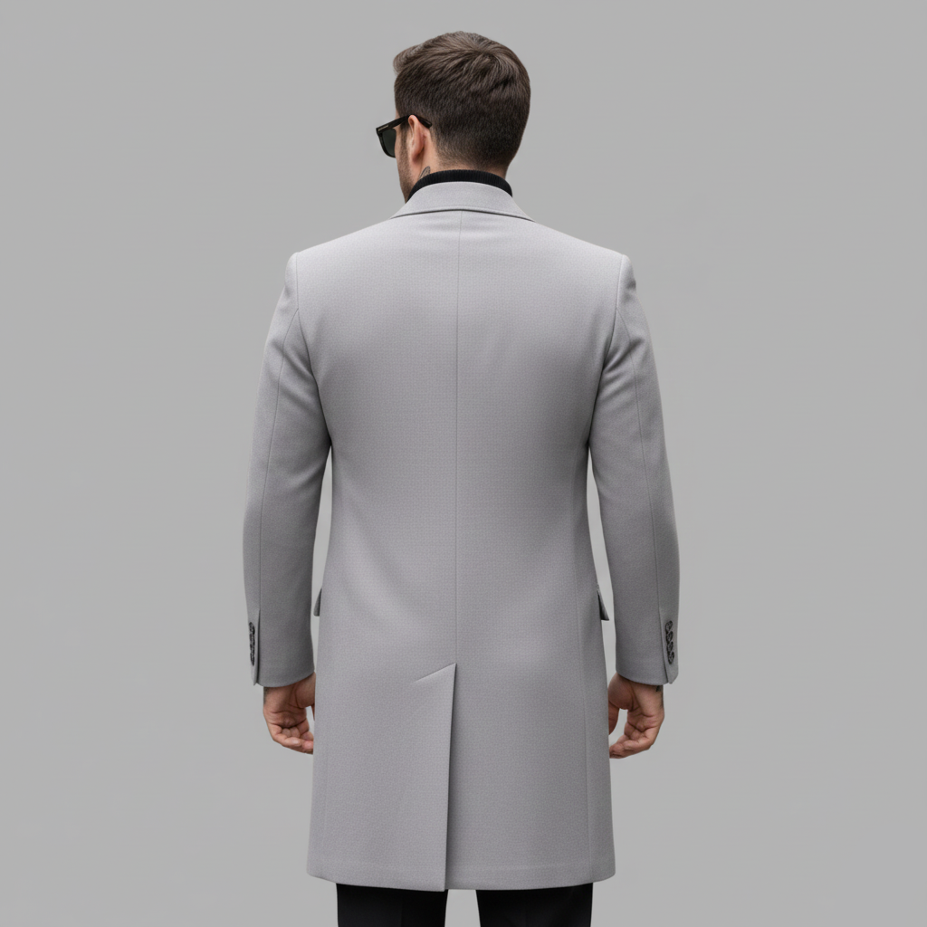 Widok z tyłu męskiego szarego płaszcza o prostej, czystej sylwetce.