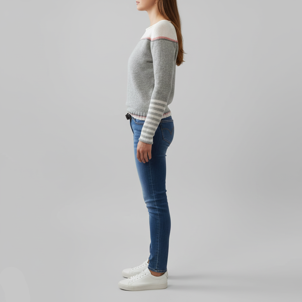 Profil boczny szarego swetra z dzianiny, ukazujący delikatne przejście kolorów i paski na rękawach.
