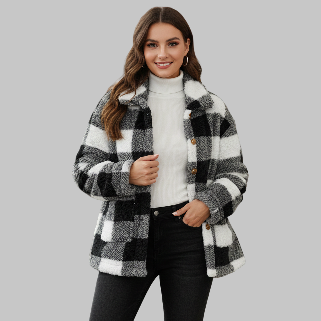 Kobieta ubrana w czarno-białą kurtkę z polaru w kratę.
