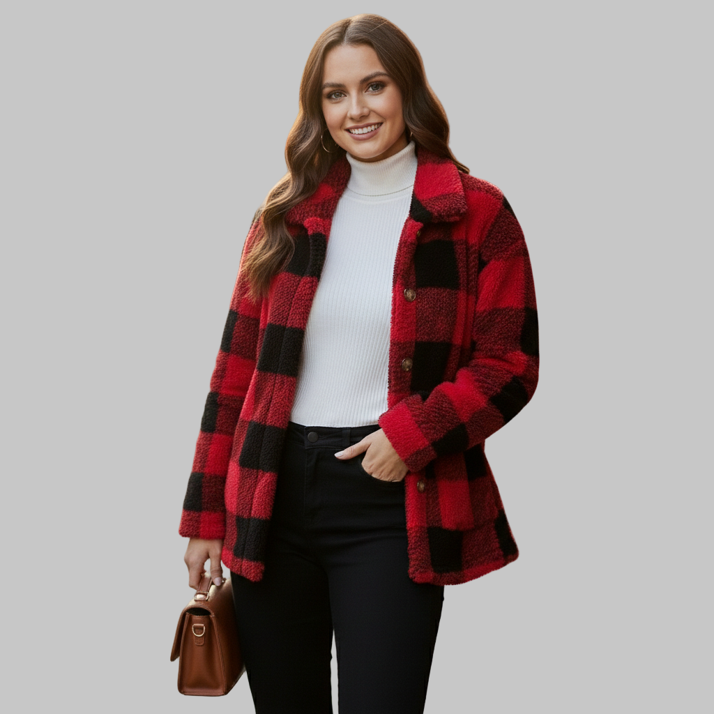 Kobieta w czerwono-czarnej kurtce z polaru w kratę i białym golfem.
