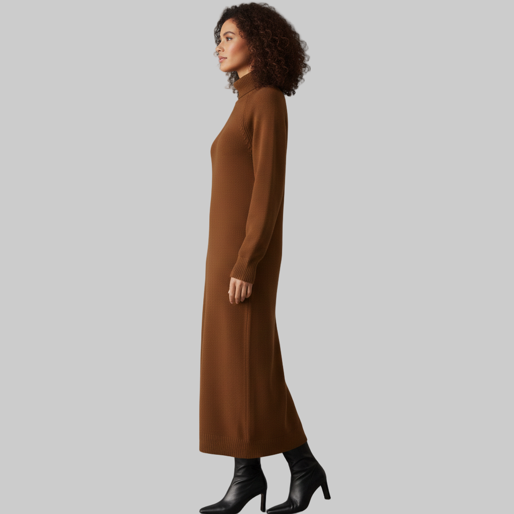 Wyobrażony profil z boku brązowej sukienki z dzianiny z golfem, pokazujący prosty krój i prążkowane mankiety.