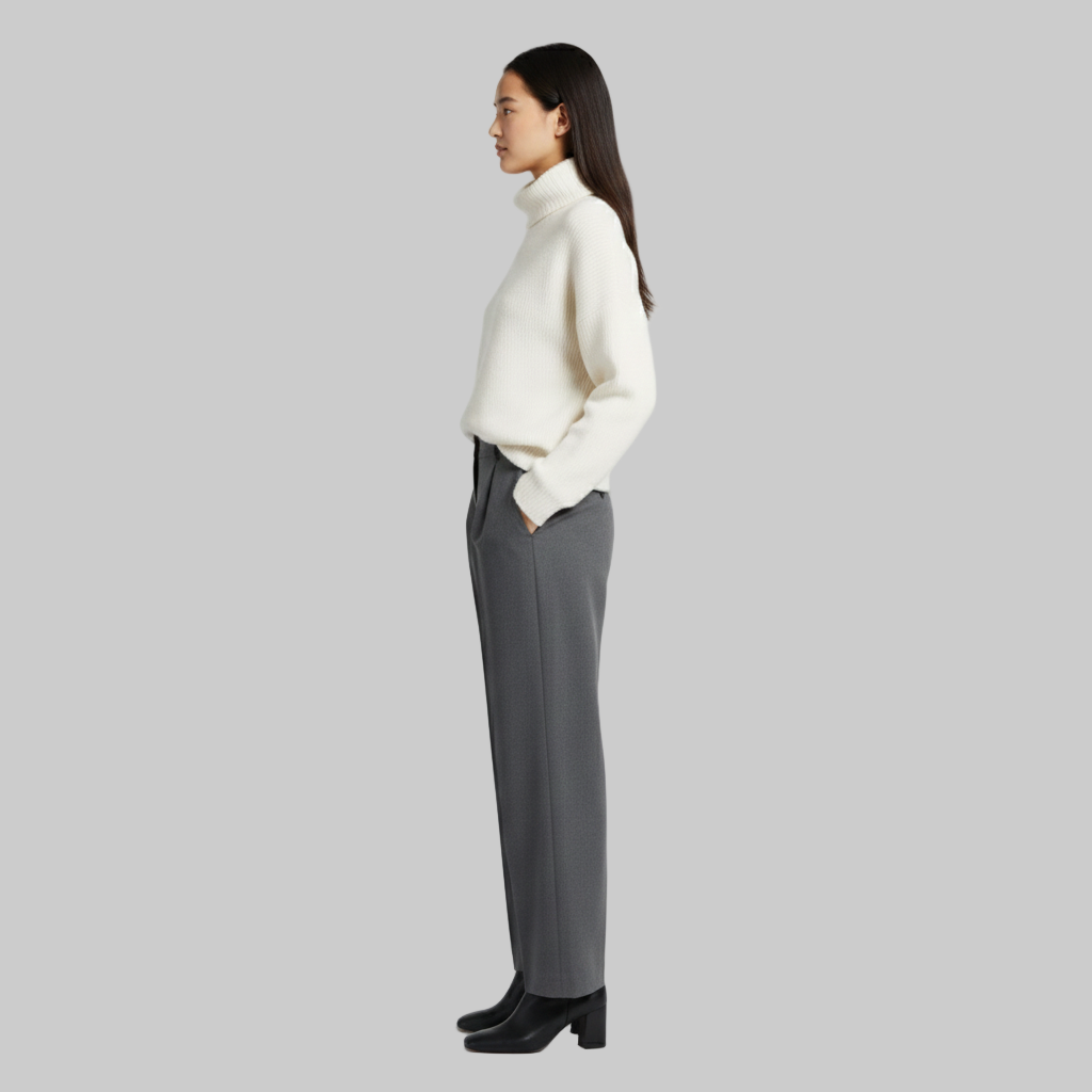 profil ubioru z golfem i dopasowanymi spodniami.
