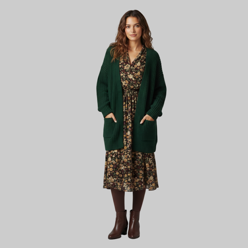 kobieta ubrana w kwiecistą sukienkę midi i ciemnozielony kardigan, stojąca spokojnie.
