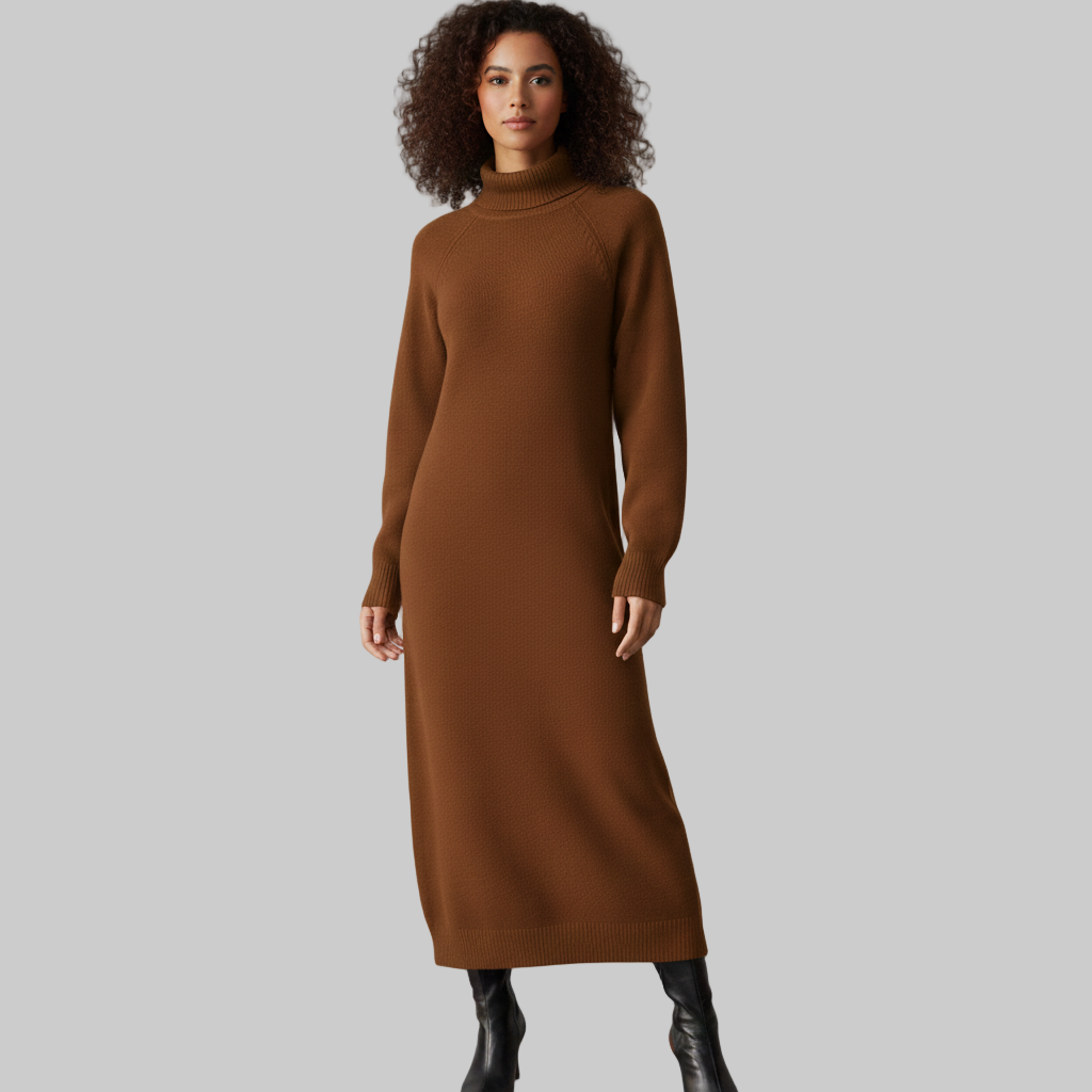 Kobieta ubrana w długą brązową sukienkę z dzianiny z golfem i długimi rękawami, w połączeniu z czarnymi kozakami do kolan, pokazana od przodu na szarym tle.