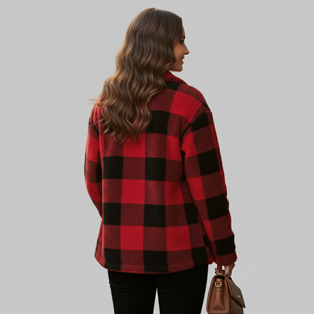 Widok z tyłu czerwono-czarnej kurtki z polaru w kratę.