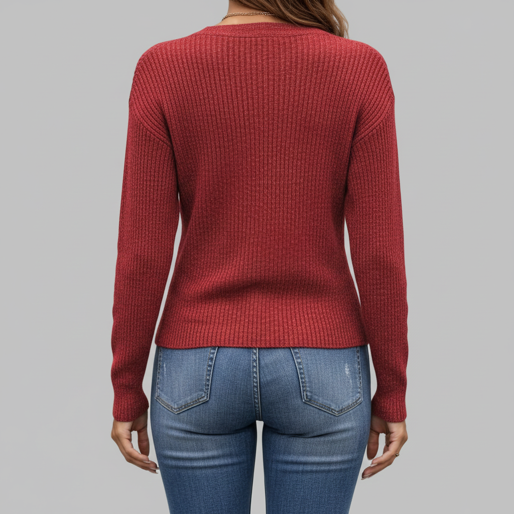 czerwony sweter z dekoltem w serek w stylu kopertowym i niebieskie podarte dżinsy, ujęcie z tyłu.