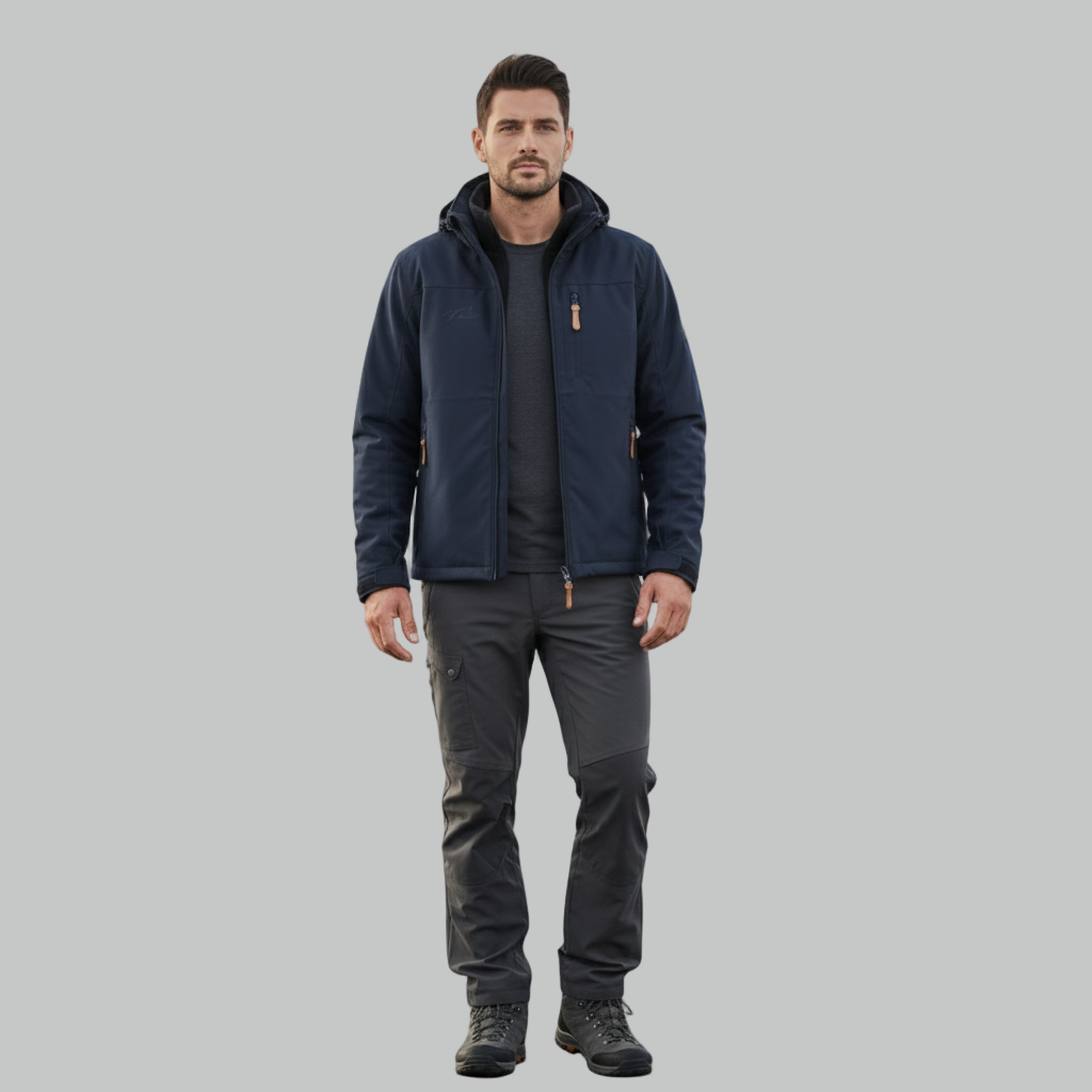 Męska granatowa kurtka outdoorowa w połączeniu z ciemnoszarą koszulką, technicznymi szarymi spodniami cargo i wytrzymałymi czarnymi butami turystycznymi, pokazana w pełnej pozie z przodu.