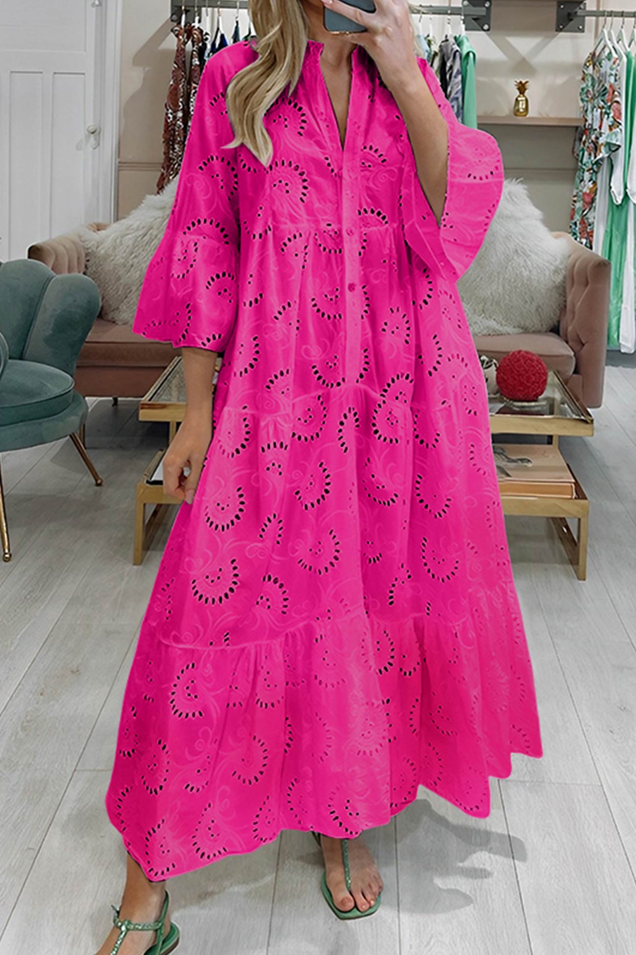 Haftowana Sukienka Maxi Damska Oversize Boho