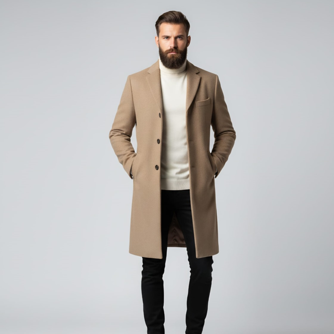 Mężczyzna ubrany w długi płaszcz w kolorze camelowym, kremowy sweter z golfem, czarne spodnie i buty, pokazany z przodu, z boku i z tyłu w studiu.