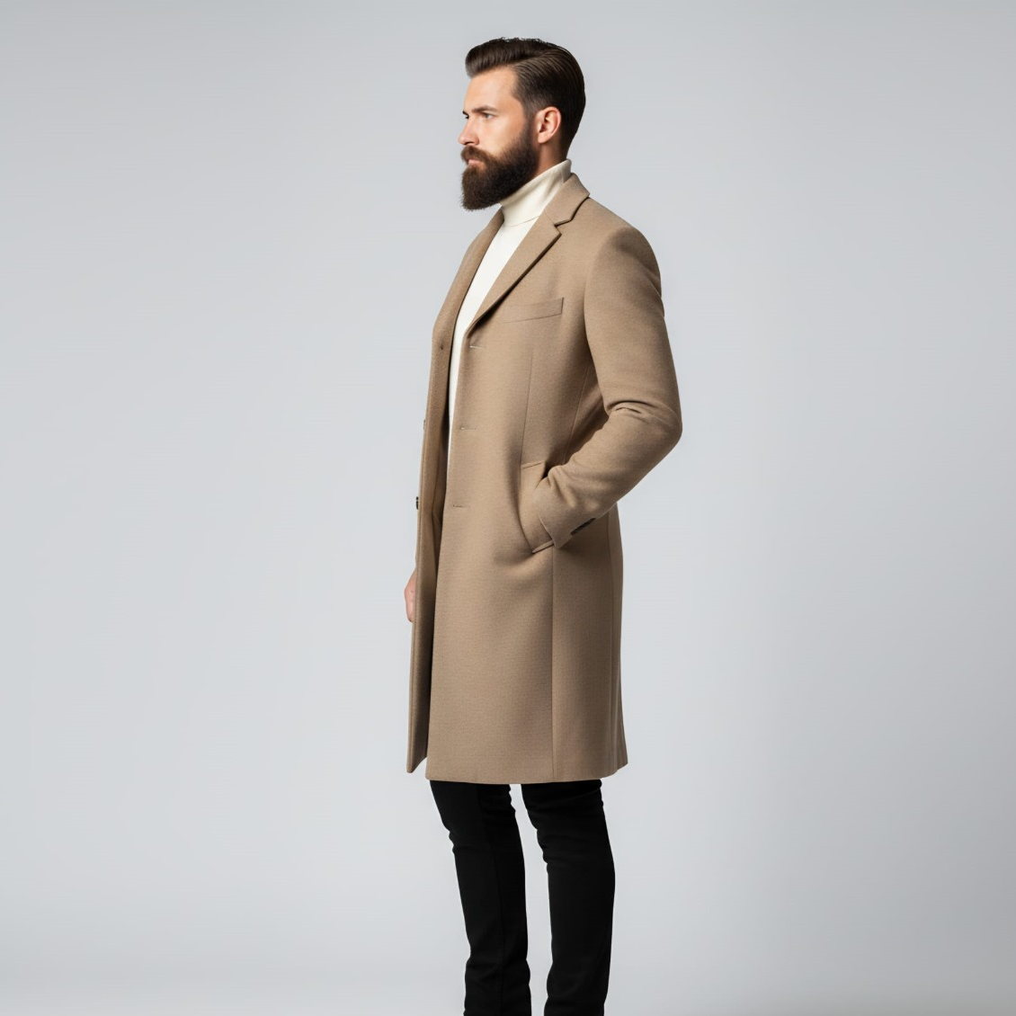 Męski płaszcz z wełny wielbłądziej w kolorze camelowym, zestawiony z kremowym golfem z dzianiny i wąskimi czarnymi spodniami, pokazany pod różnymi kątami w celu przedstawienia szczegółów produktu.
