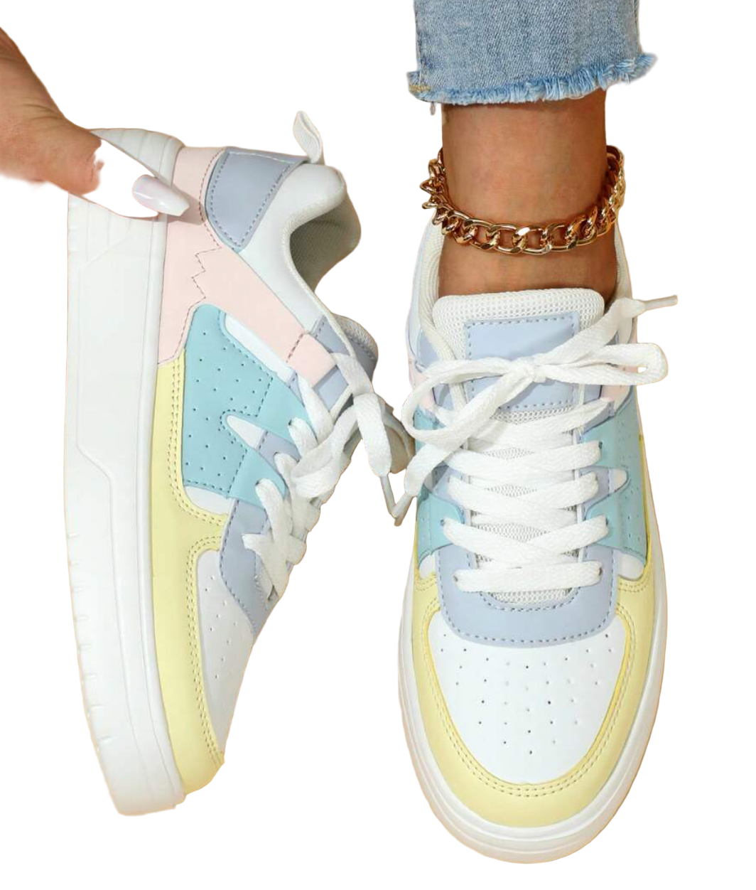 Kolorowe Sneakersy Damskie Sylviane - Gruba Podeszwa, Panelowy Design, Perforowana Cholewka