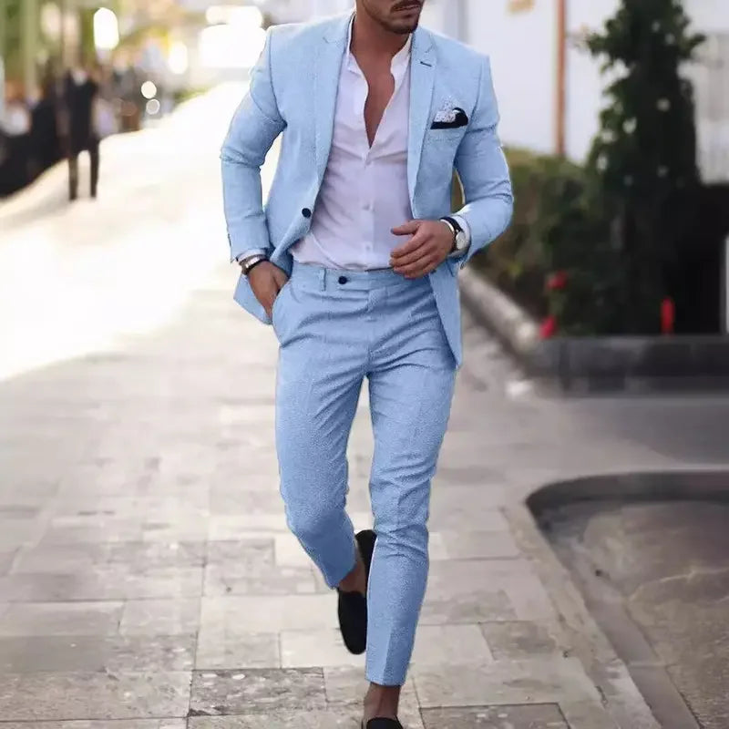 Męski Garnitur Dwuczęściowy - Marynarka na Jeden Guzik, Dopasowane Spodnie, Teksturowana Struktura