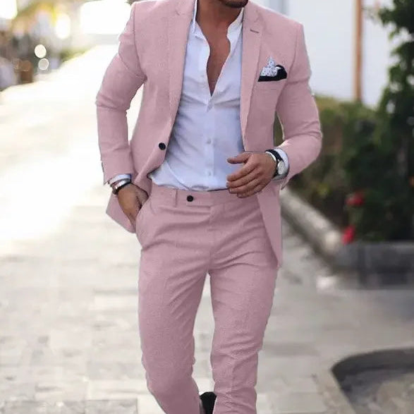 Męski Garnitur Dwuczęściowy - Marynarka na Jeden Guzik, Dopasowane Spodnie, Teksturowana Struktura