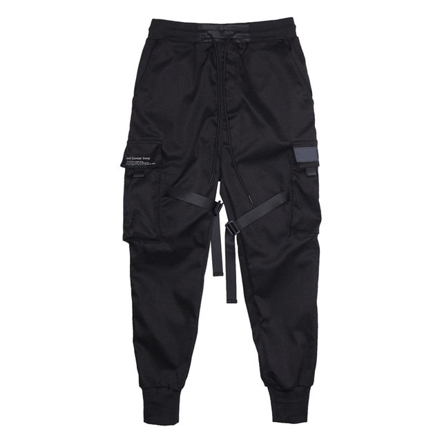 Spodnie jogger w stylu techwear  kieszenie cargo, ozdobne paski, ściągacze przy kostkach