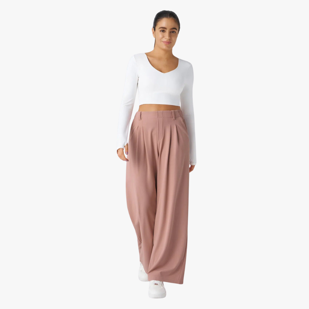 Spodnie z wysokim stanem i szerokimi nogawkami plisowany przód, elastyczny pas, luźny krój