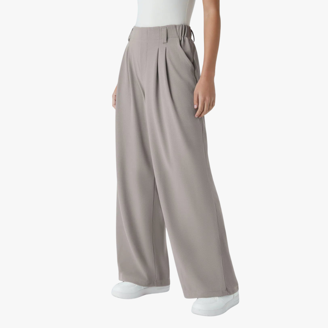 Spodnie z wysokim stanem i szerokimi nogawkami plisowany przód, elastyczny pas, luźny krój