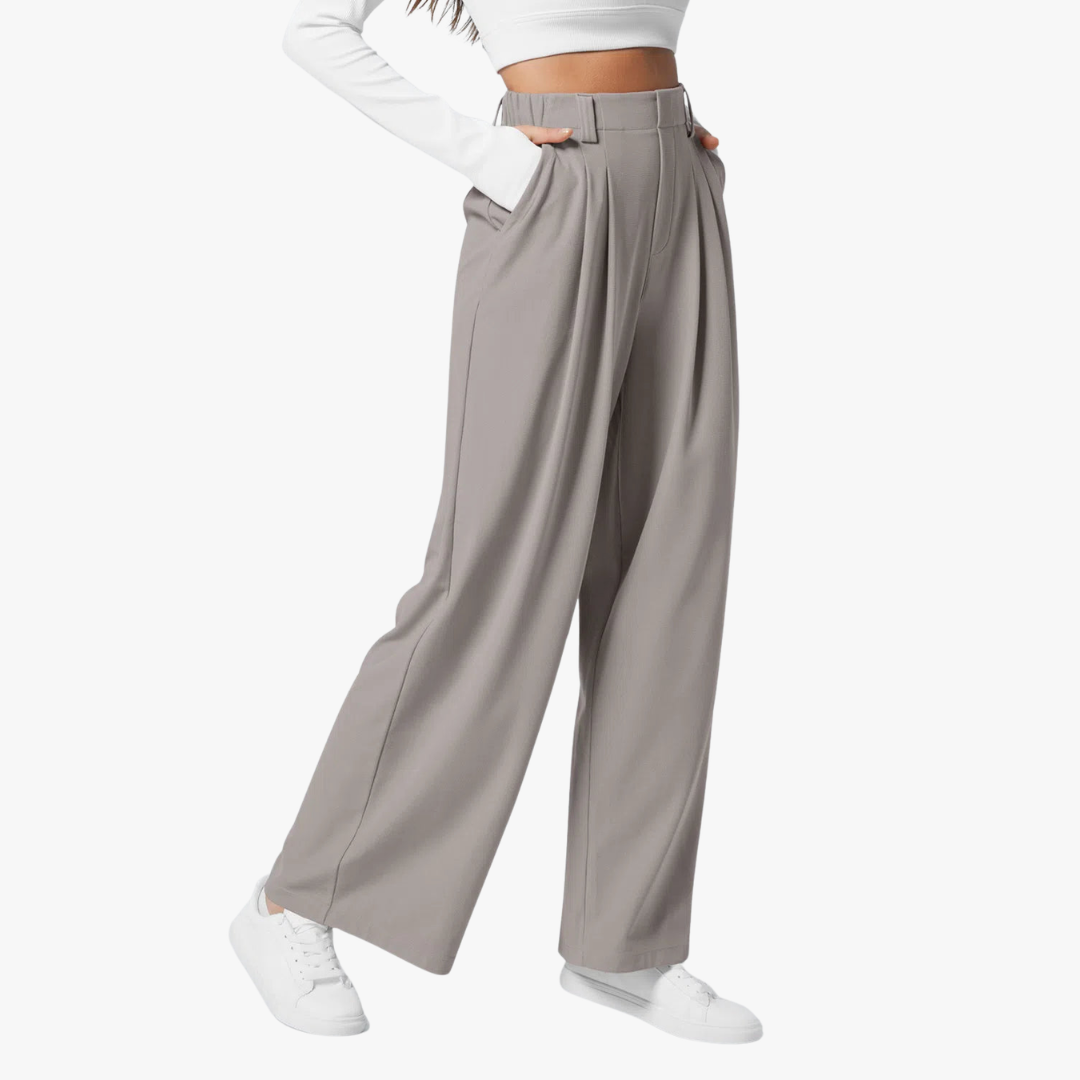 Spodnie z wysokim stanem i szerokimi nogawkami plisowany przód, elastyczny pas, luźny krój