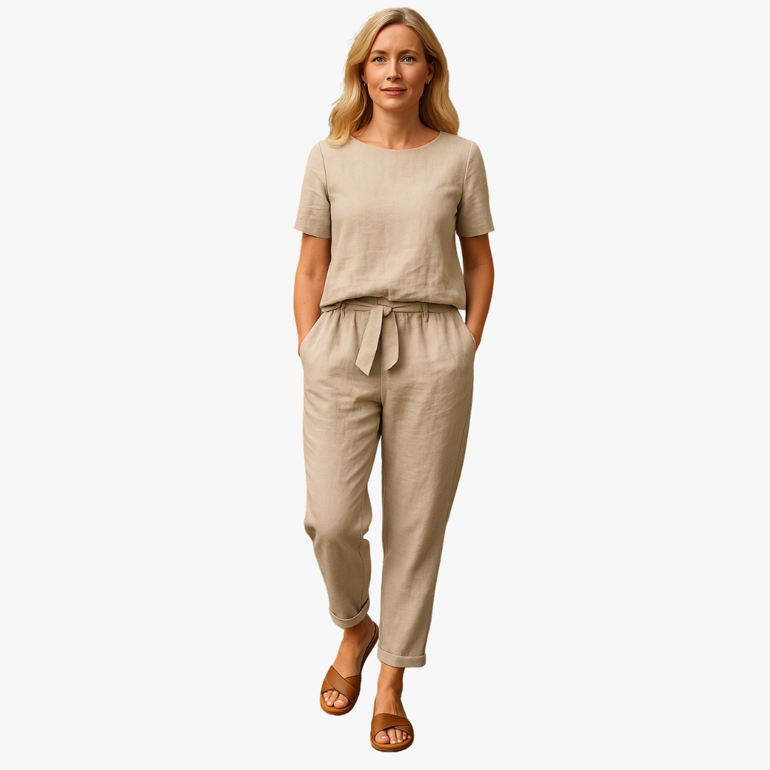 Zestaw lniany Bluzka z krótkim rękawem, Spodnie z elastycznym paskiem, Styl casual