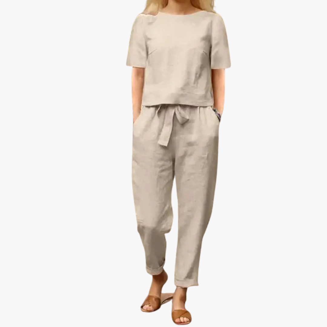 Zestaw lniany Bluzka z krótkim rękawem, Spodnie z elastycznym paskiem, Styl casual